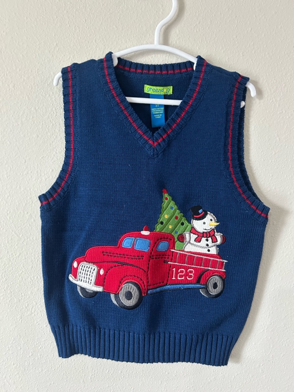 greendog Navy Blue Knit Vest with Red Truck and Snowman
